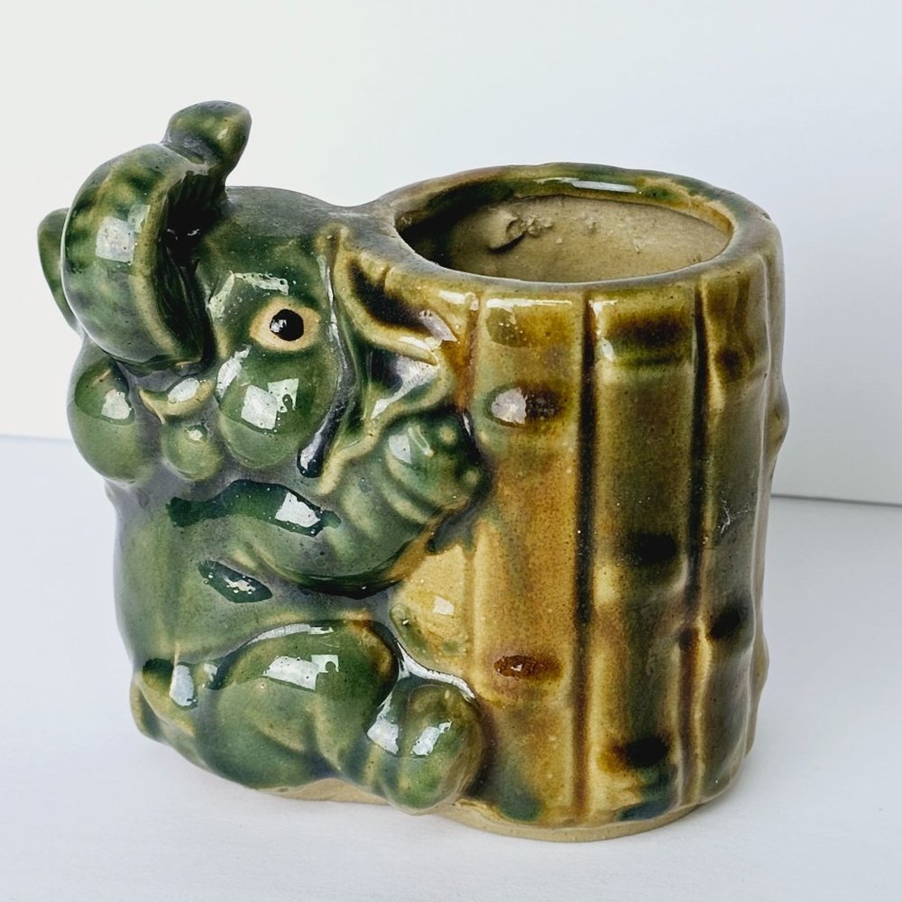 Vintage Elephant Majolica Trunk Up Small Planter, Ceramic, 4.5" T X 4" W